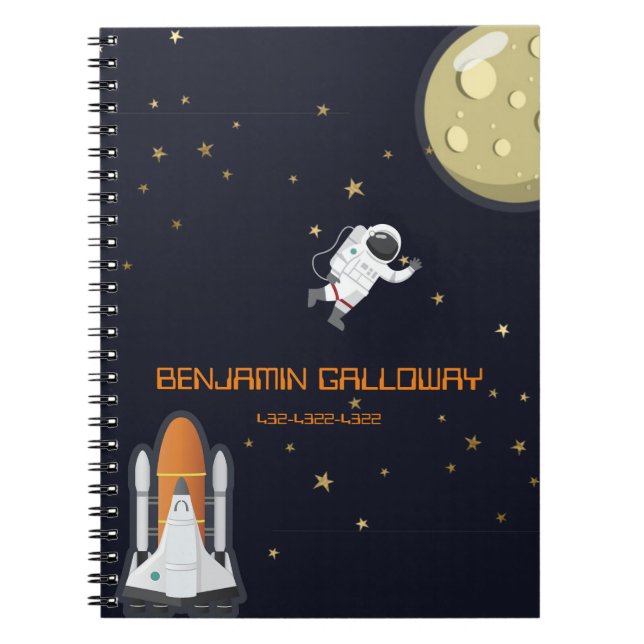 Caderno Espiral Astronauta Lua Foguete Crianças Sistema Solar Dive (Frente)