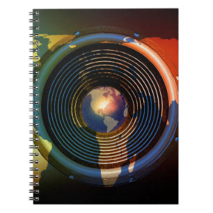 Caderno Espiral Auto-falante da música em um mapa do mundo