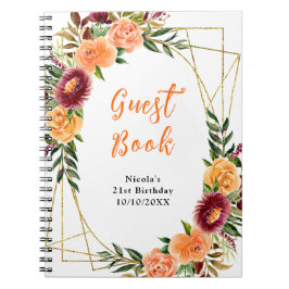 Caderno Espiral Autumn Burgundy and Orange Flowers Birthday 