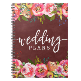 Caderno Espiral Autumn Burgundy Watercolor Planeador de Casamento 