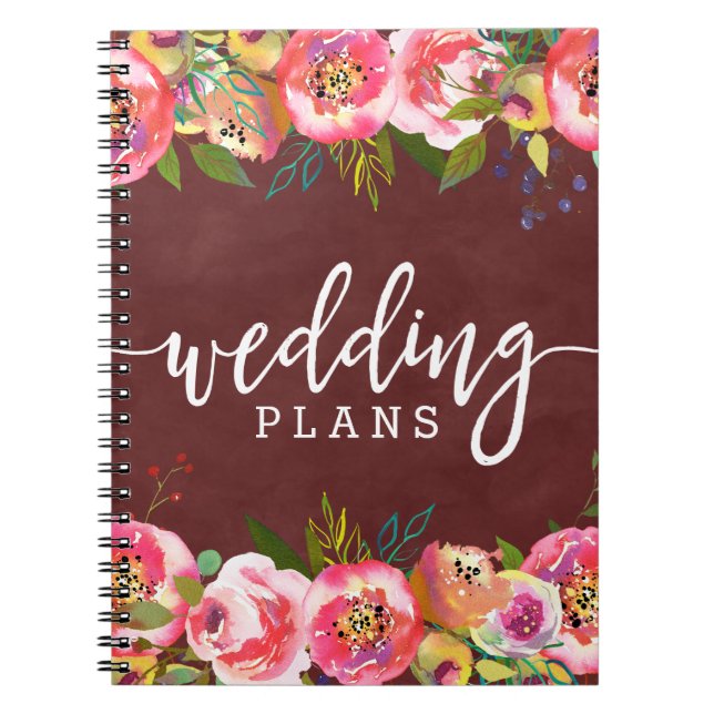 Caderno Espiral Autumn Burgundy Watercolor Planeador de Casamento  (Frente)