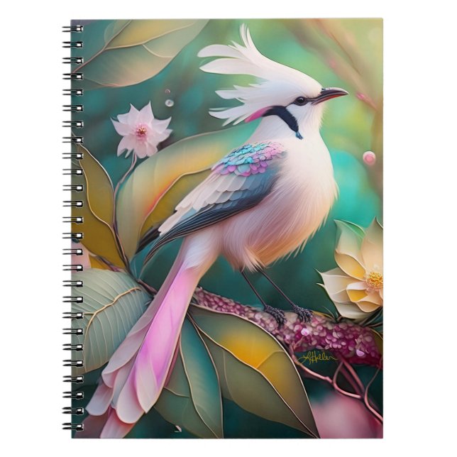 Caderno Espiral Ave de Fantasia Jay com Crista Branca e Cauda Rosa (Frente)