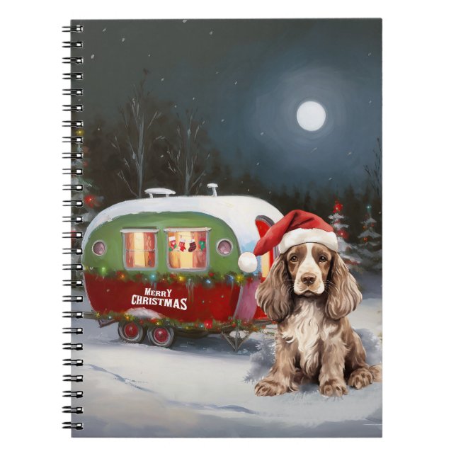 Caderno Espiral Aventura de Natal do Winter Cocker Spaniel Caravan (Frente)