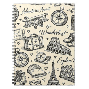 Caderno Espiral Aventuras de Viagem Vintage Padrão Perfeito
