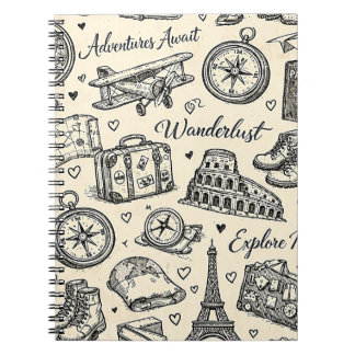 Caderno Espiral Aventuras de Viagem Vintage Padrão Perfeito