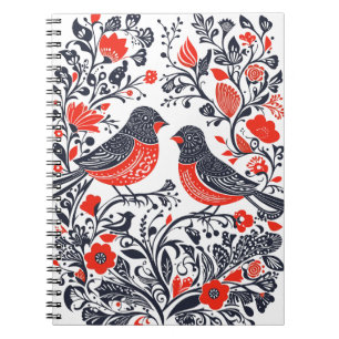 Caderno Espiral Aves de Arte Folclóricas Escandinavas Lino Cut Des