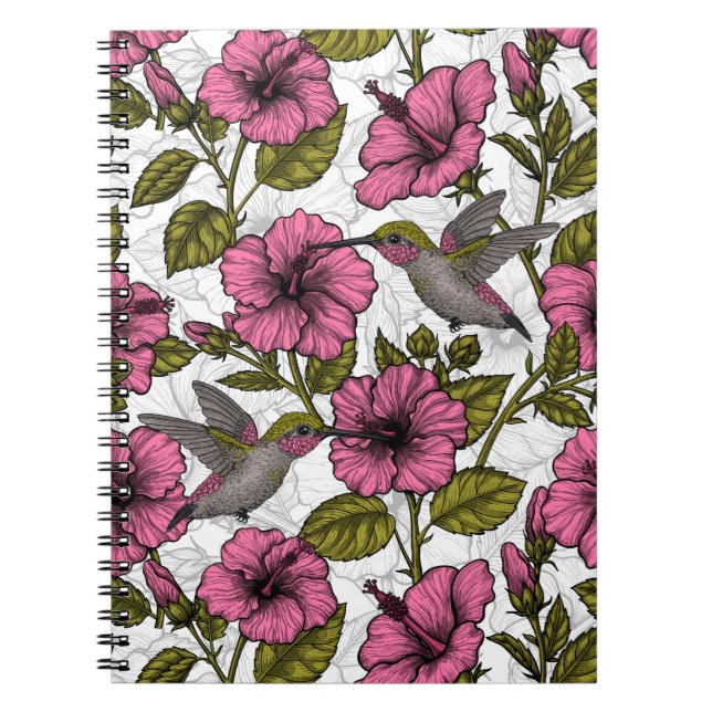 Caderno Espiral Aves de capoeira e flores de hibisco rosa (Frente)