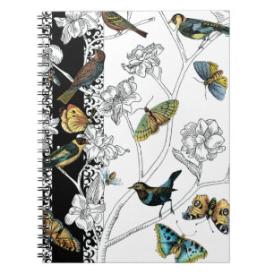 Caderno Espiral Aves e Borboleta sobre fundo preto-e-branco