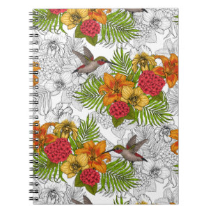 Caderno Espiral Aves e buquês tropicais