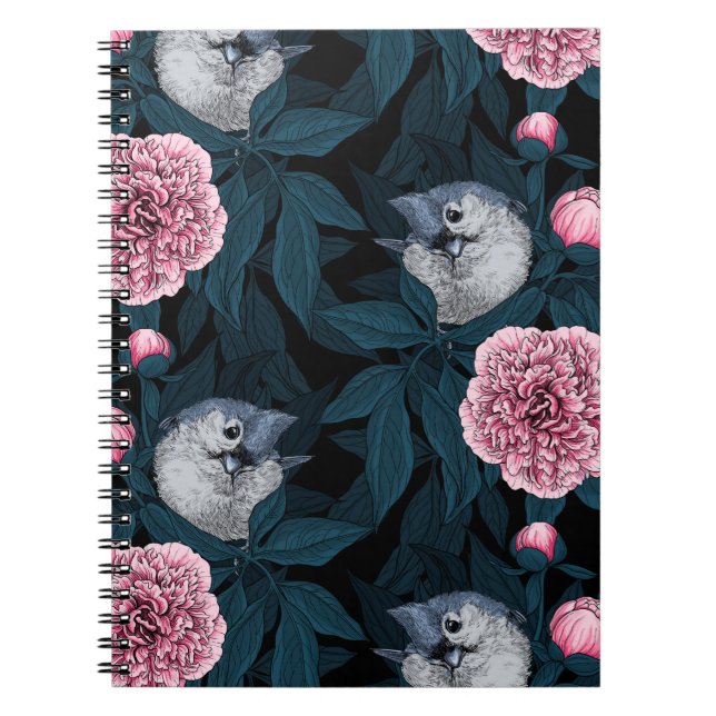 Caderno Espiral Aves e flores cor-de-rosa com folhas (Frente)