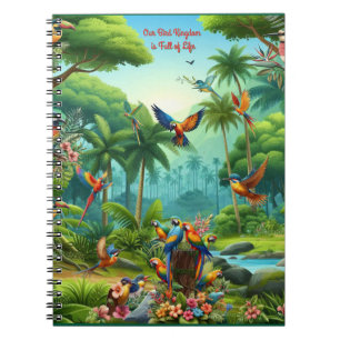 Caderno Espiral Aves tropicais coloridas entre planos vibrantes e