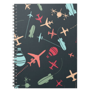 Caderno Espiral Avião Negro e Padrão de Aviação