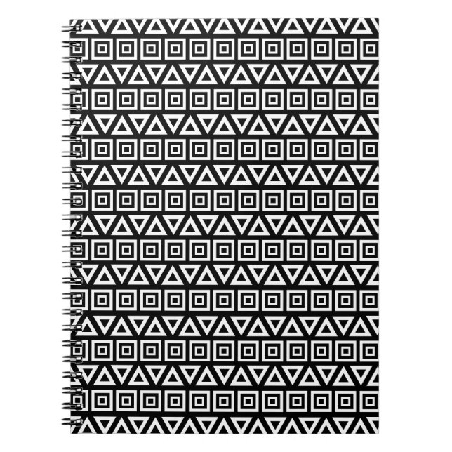 Caderno Espiral Aztec triângulos+quadrados branco-padrão em preto (Frente)