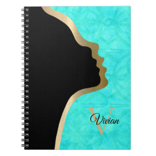 Caderno Espiral Azul Aqua preto e Dourado nome do rosto