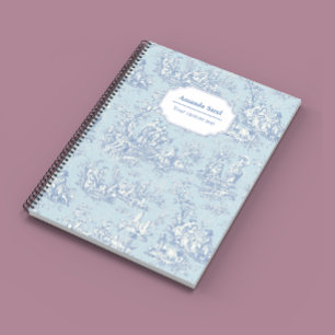 Caderno Espiral Azul Cinza Vintage Toile de Jouy Floral Francês