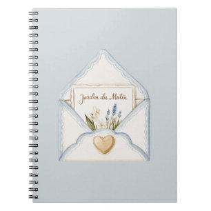Caderno Espiral Azul Claro Francês Envelope Coração Floral Creme  