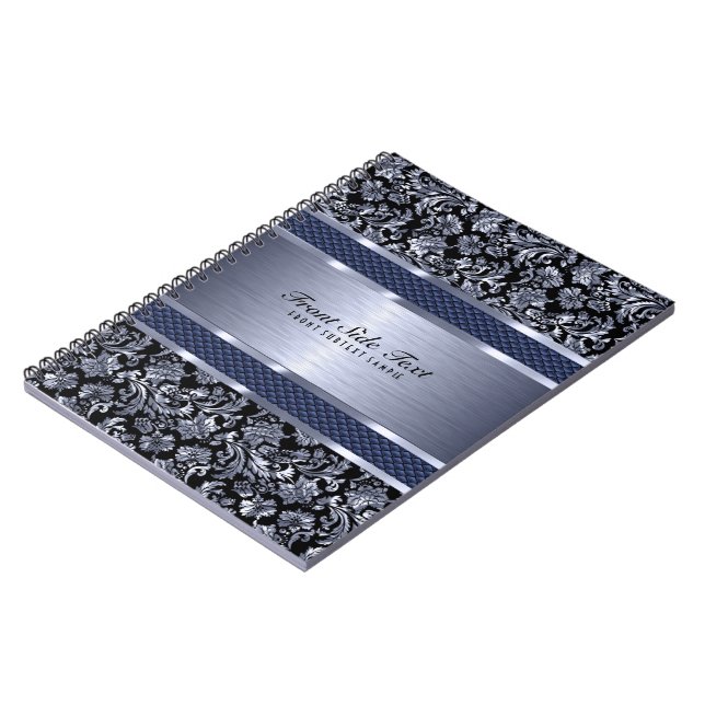 Caderno Espiral Azul-claro-metálico Damasco Floral (Left Side)