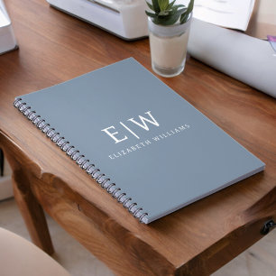 Caderno Espiral Azul Desbotado Minimalista Moderno Monograma Elega