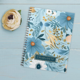 Caderno Espiral Azul e Dourado Floral