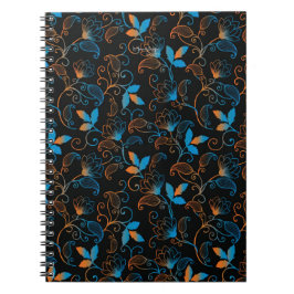 Caderno Espiral Azul Laranja Floral Abstrato em Fundo Preto