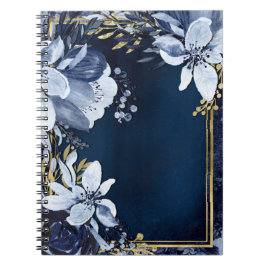 Caderno Espiral Azul Marinho e Dourado Floral Aquarelado Elegante 