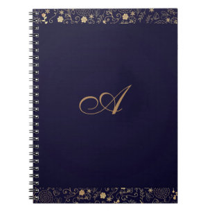Caderno Espiral Azul Marinho e Dourado Floral Rústico Elegante com
