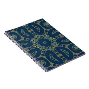 Caderno Espiral Azul Marinho e Padrão Geométrico Octogonal Dourado