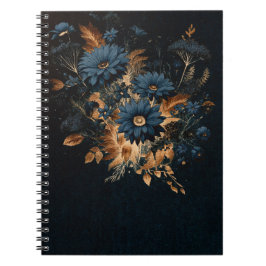 Caderno Espiral Azul Marinho Escuro & Dourado Floral Rústico Glam 