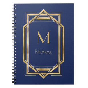 Caderno Espiral Azul Marinho & Geométrico Dourado Monograma & No