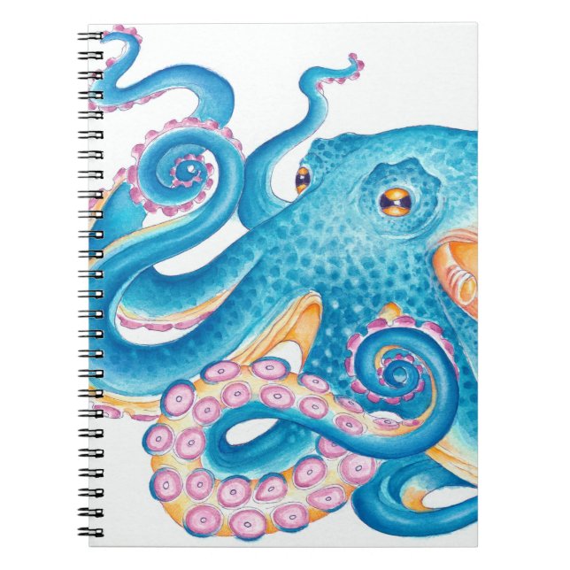 Caderno Espiral Azul Octopus Kraken Laranja Cor de Água Rosa Azul (Frente)