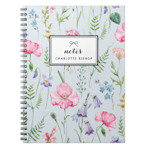 Caderno Espiral Azul Padrão de Folhagem de Flores Delicadas com A