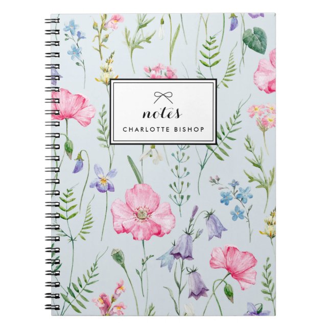 Caderno Espiral Azul Padrão de Folhagem de Flores Delicadas com Aq (Frente)