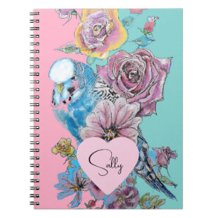 Caderno Espiral Azul-pasta Aquarela floral Girls Rosa Aqua
