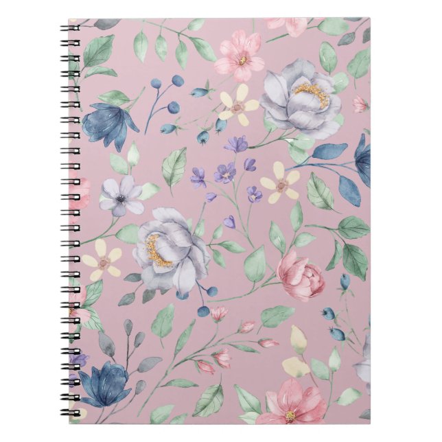 Caderno Espiral Azul rosa e Púrpura Floral Amarela (Frente)