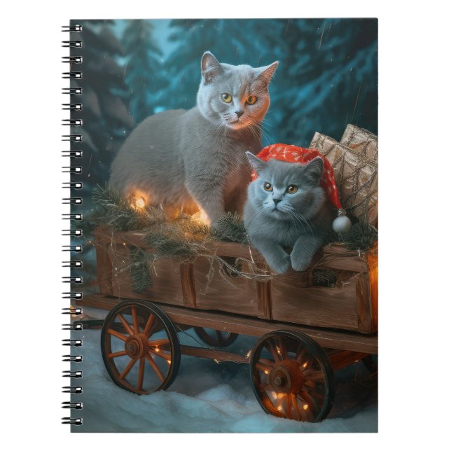 Caderno Espiral Azul Russo Gato Snowy Sleigh Decência de Natal (Frente)