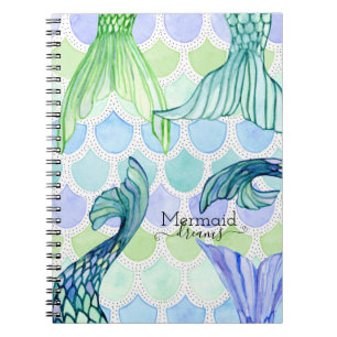 Caderno Espiral Azul Sereia Sonha Caudas em Escala Arte de Aquarel