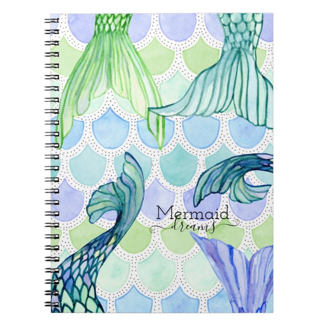 Caderno Espiral Azul Sereia Sonha Caudas em Escala Arte de Aquarel (Frente)