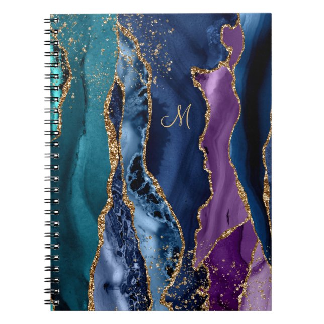 Caderno Espiral Azul/Teal/Agato Púrpura com Monograma de Veias Dou (Frente)