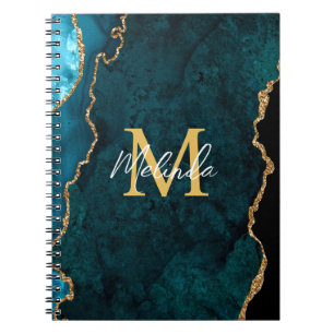 Caderno Espiral Azul Teal e Agato Marble Dourado
