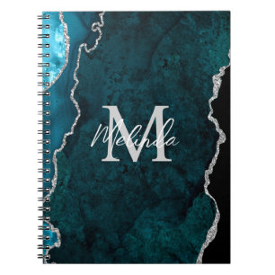 Caderno Espiral Azul Teal e Agato Marmoso Prateado
