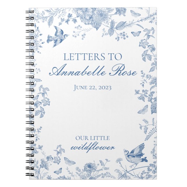 Caderno Espiral Azul Toile De Jouy Floral Letras para a Menina do  (Frente)