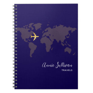 Caderno Espiral Azul-Viagem plano Dourado