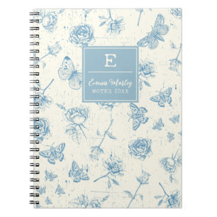 Caderno Espiral Azul Vintage Floral Monograma Personalizado