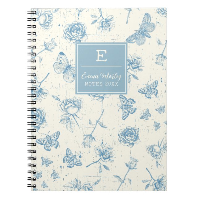 Caderno Espiral Azul Vintage Floral Monograma Personalizado (Frente)