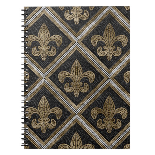 Caderno Espiral azulejo de fleur-de-lis, preto e dourado (Frente)