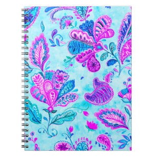 Caderno Espiral Azulejo de padrão floral de cor aquosa de Paisley: