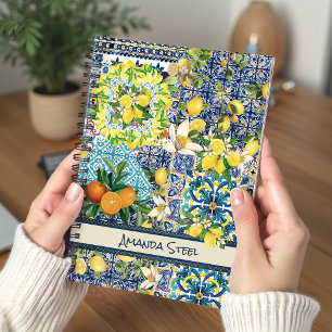 Caderno Espiral Azulejo Floral de Citrinos Siciliano Azul Vibrante