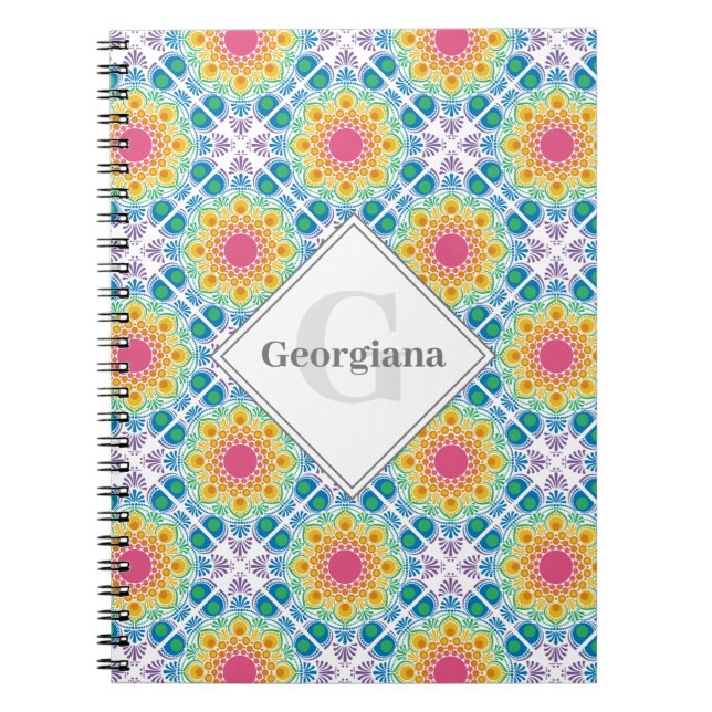 Caderno Espiral Azulejo Personalizado do Arco-Íris Floral Mandala  (Frente)