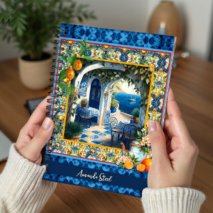 Caderno Espiral Azulejos azuis de citrino mediterrâneo siciliano
