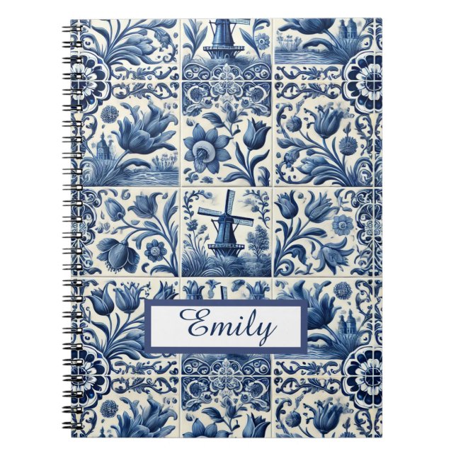 Caderno Espiral Azulejos Delft Elegantes Personalizados (Frente)